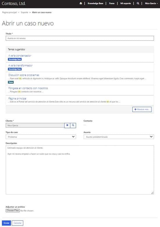 Form for opening a new support case in Contoso's portal with fields for title, contact info, case type, and file attachment.