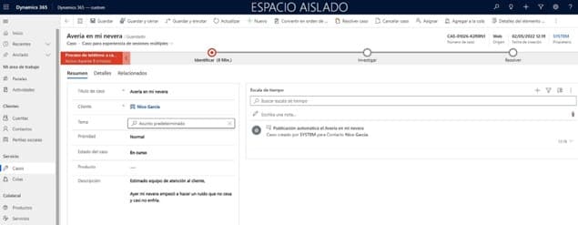 Detailed view of a resolved support case in Dynamics 365 with status, assignment, and resolution information.