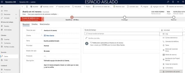 Dynamics 365 case view showing 'Avería en mi nevera' assigned to Nico García, with issue description and status in progress.