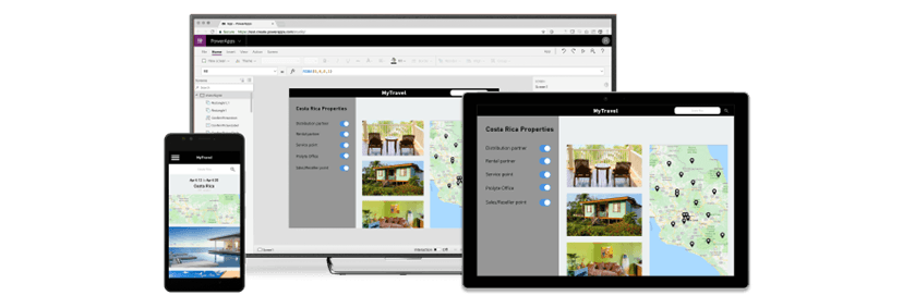 Three devices—a smartphone, a tablet, and a desktop monitor—displaying Microsoft Power Apps interfaces, illustrating its cross-platform capabilities and low-code design.