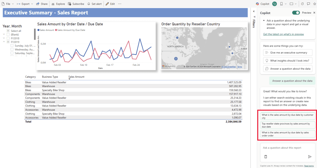 Power BI dashboard showing sales trends by order and due date, a map of order quantity by reseller country, and a table of product categories with sales data