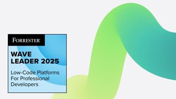 Forrester Wave Leader 2025 badge for Low-Code Platforms for Professional Developers, with a green and blue gradient wave background.