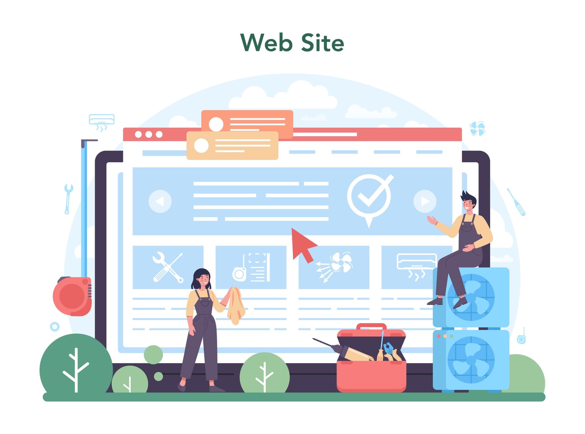 Illustration of two people working on a large computer screen labeled ‘Web Site,’ with icons for tools, checkmarks, and documents, symbolizing secure .NET application development and maintenance
