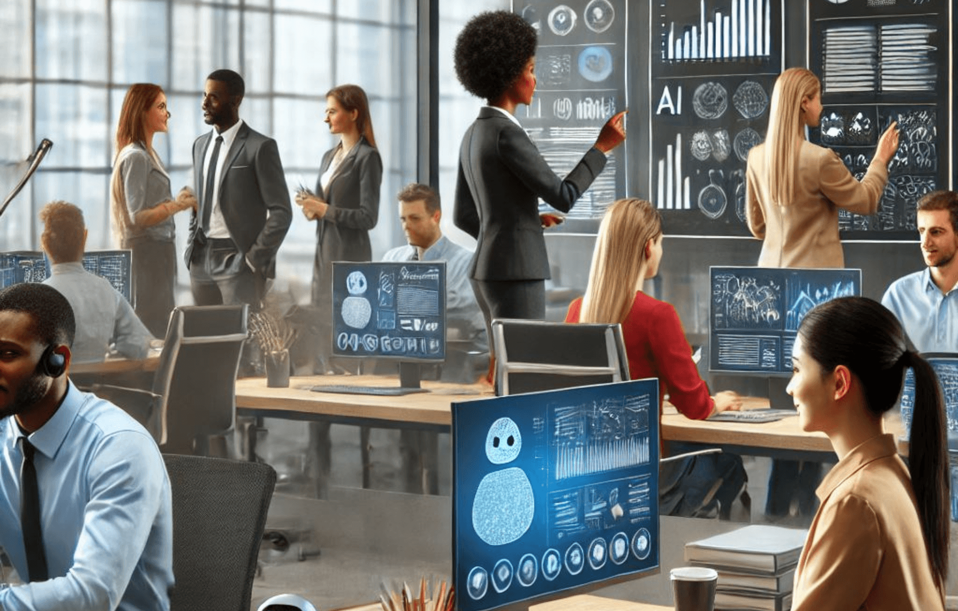 Modern office with people working at desks and screens displaying data visualizations and AI graphics, representing collaborative use of Dynamics 365 and Power Platform.