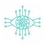 Illustration of an eye with a gear inside and circuit lines representing artificial vision and machine learning.