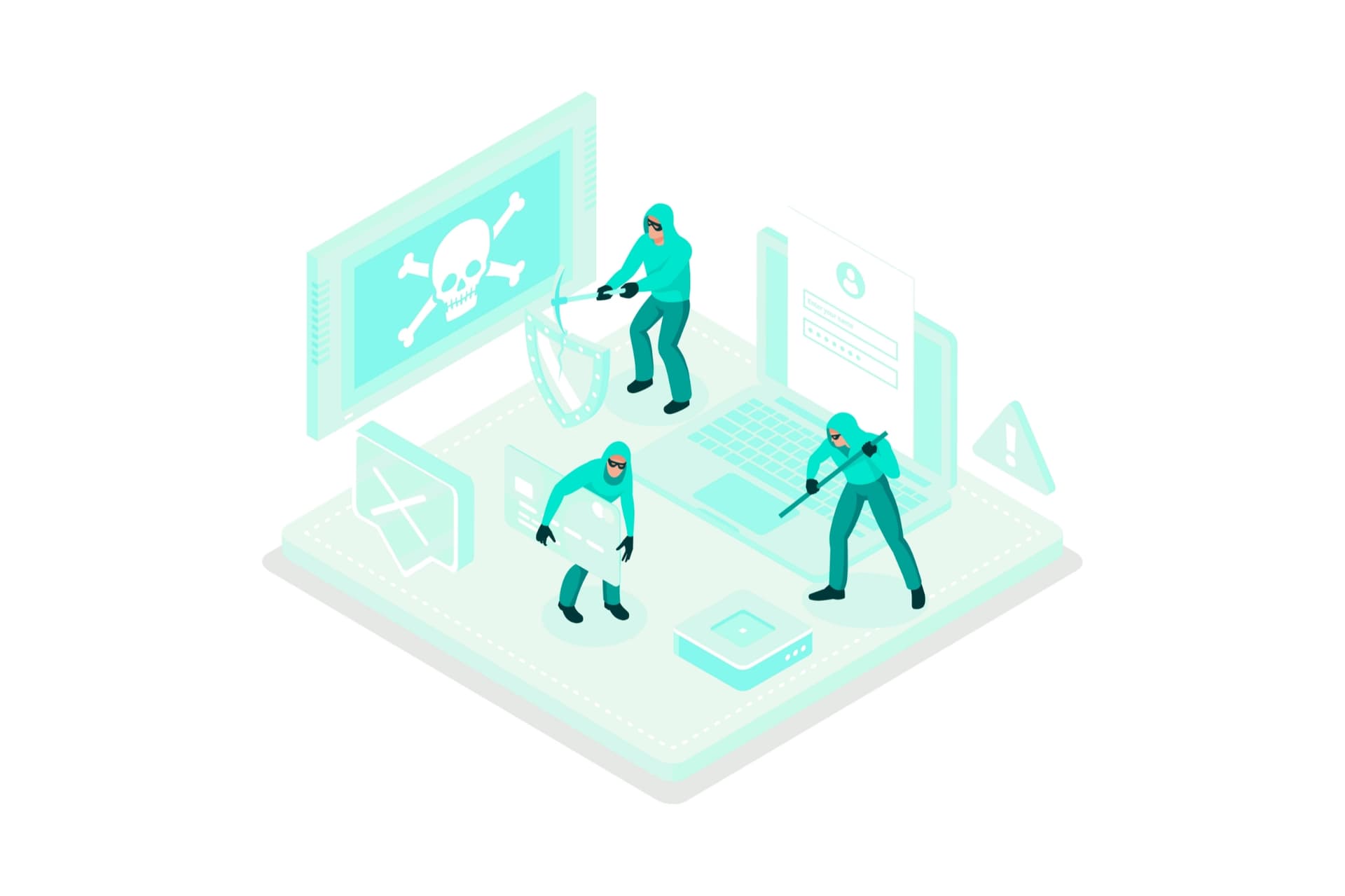 Illustration of three cyber attackers in a digital environment with a laptop, warning icons, a login screen, and a skull symbol representing a ransomware threat.