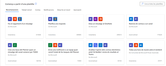 Power Automate template selection screen with task automation options like message tracking, response planning, and saving to OneNote, shown in Catalan