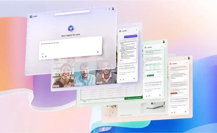 Collage of Microsoft Copilot interfaces across Teams, Word, and other Microsoft 365 apps, showing chat, video calls, and document editing.