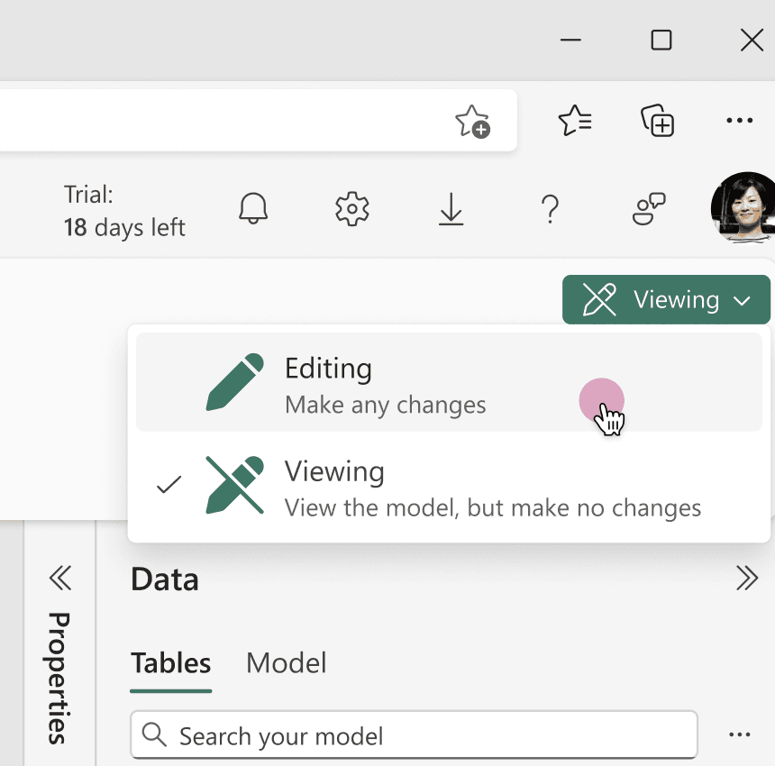 Screenshot of a data modeling software interface showing a dropdown menu to switch between editing and viewing modes, with toolbar icons and model navigation options.