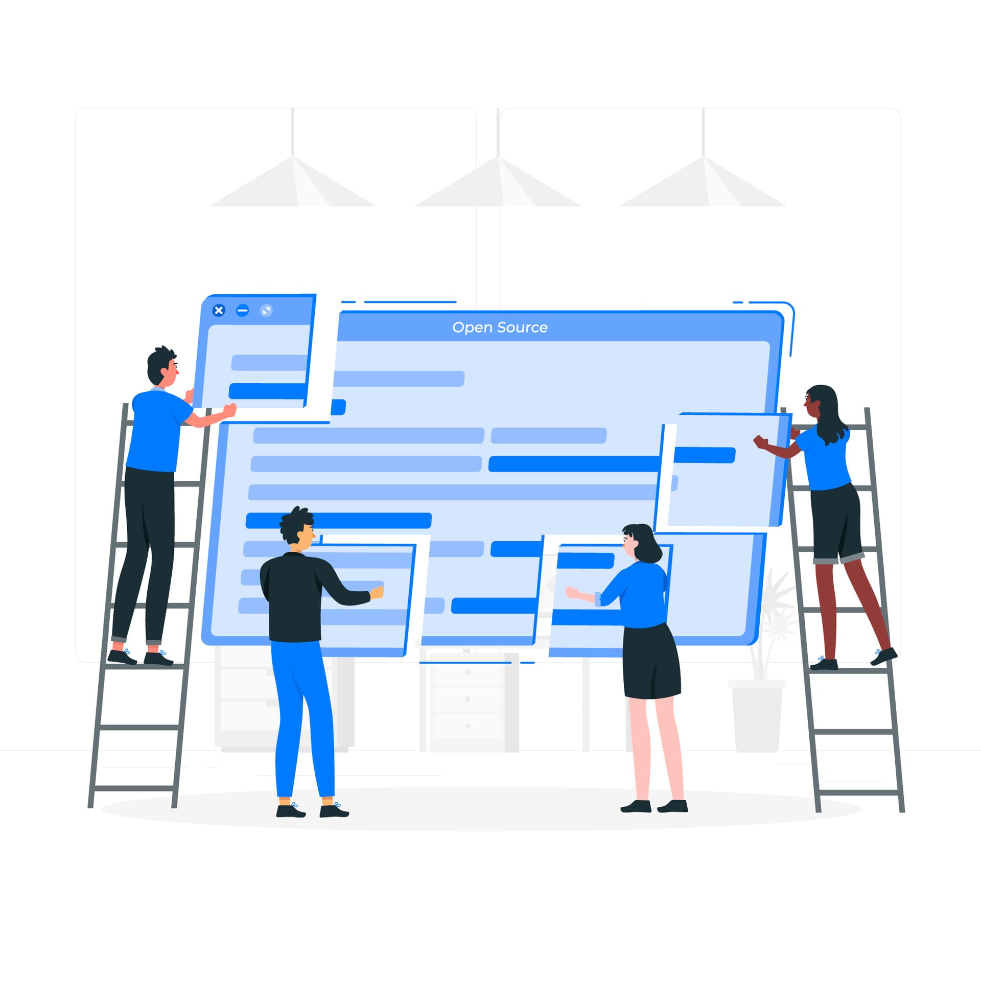 Illustration of four people collaborating to assemble a large screen displaying 'Open Source', symbolizing customizable layouts in SharePoint.