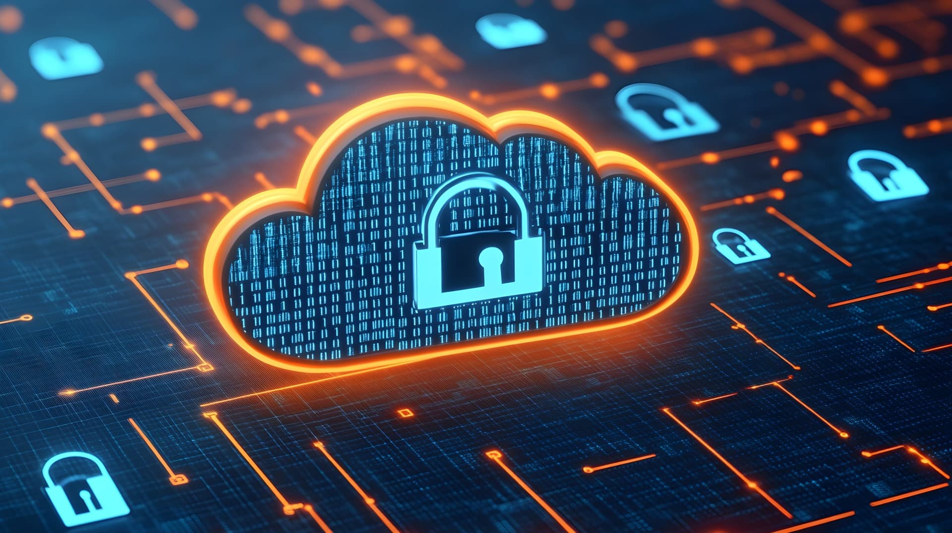 Digital illustration of a cloud with a padlock symbol over binary code and network lines, representing multicloud data security.
