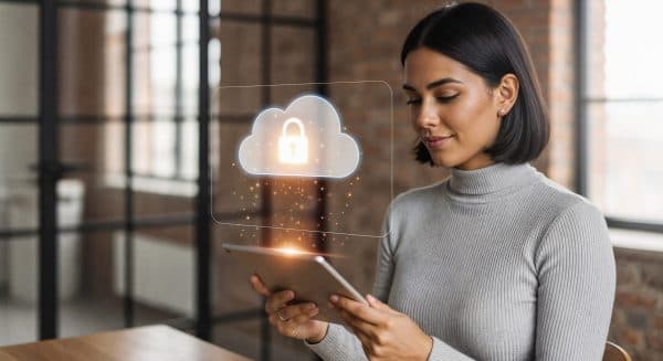 Person holding a tablet with a holographic cloud icon featuring a padlock, symbolizing secure cloud data storage in a professional office setting.