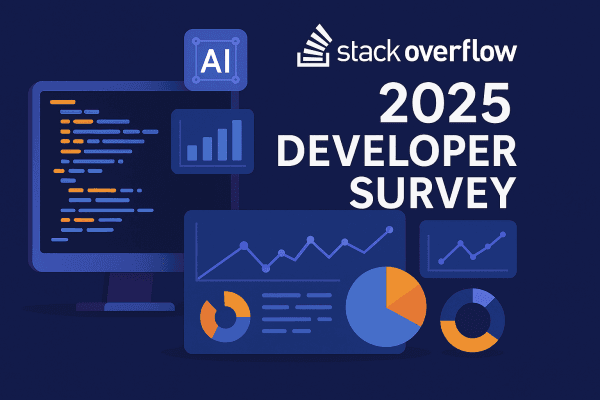 Illustration for Stack Overflow 2025 Developer Survey featuring icons of coding, AI, and data analytics – image 1 article