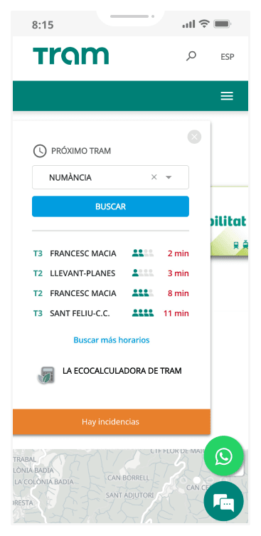 Mobile interface displaying upcoming tram arrivals and eco-calculator options for Numància stop.