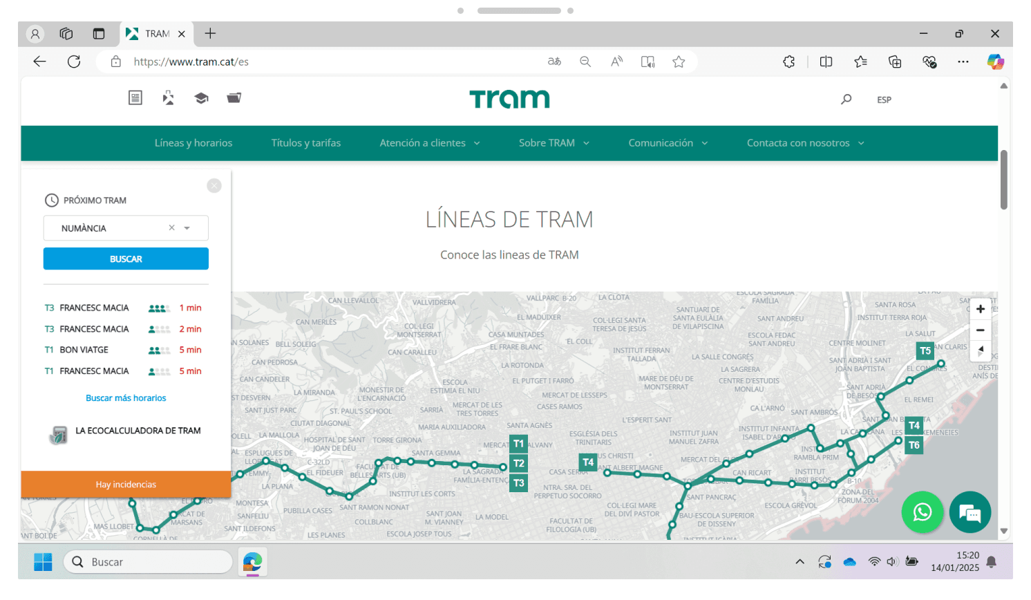 Web interface showing tram lines, stops, and real-time arrival estimates on a map.