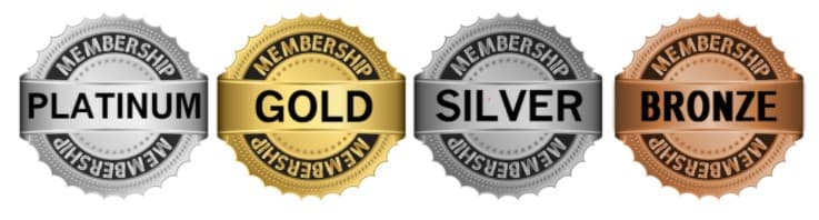 Four membership badges labeled PLATINUM, GOLD, SILVER, and BRONZE, illustrating customer segmentation by service tier.