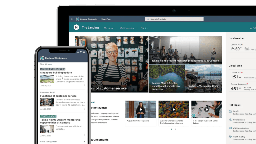Smartphone and laptop screens displaying SharePoint pages, showcasing responsive design and accessibility across devices.