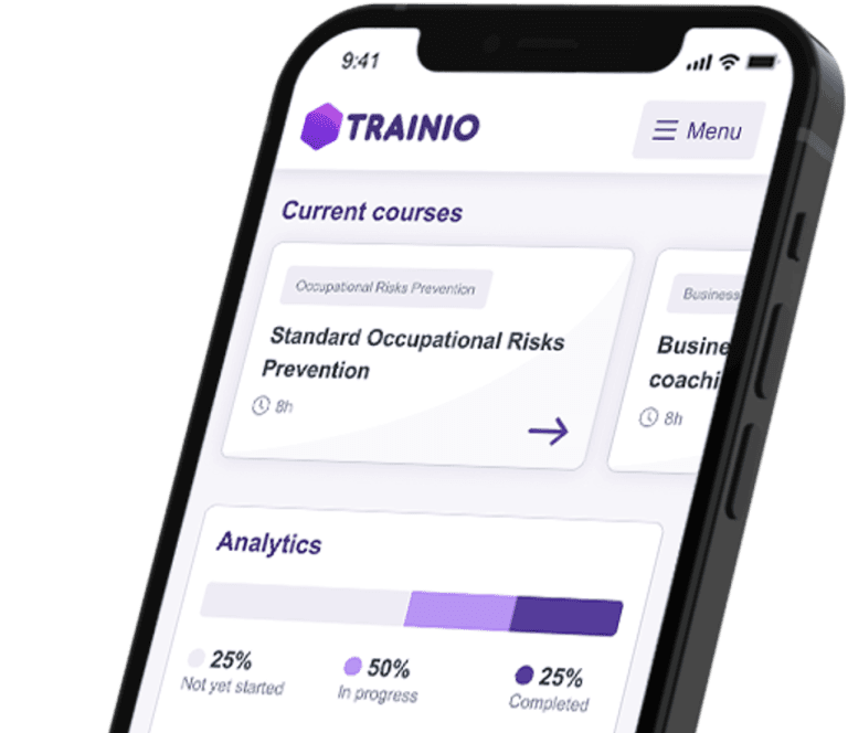 Mobile app interface from TRAINIO showing course progress and analytics for occupational risk prevention and business coaching.