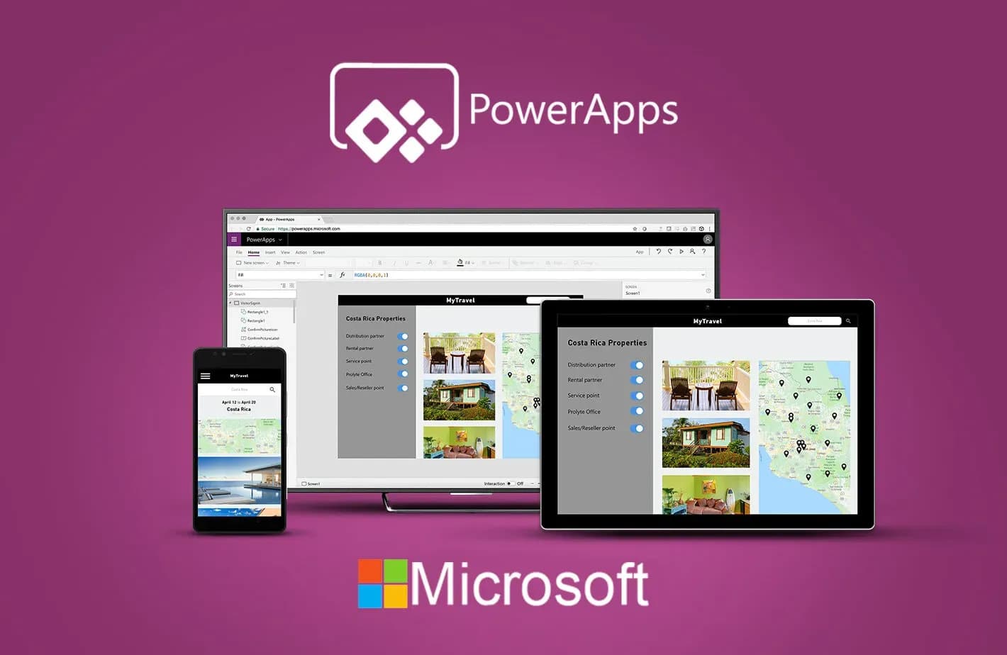 PowerApps interface displayed on multiple devices (smartphone, laptop, and tablet) over a purple background with the PowerApps logo, illustrating cross-device compatibility.