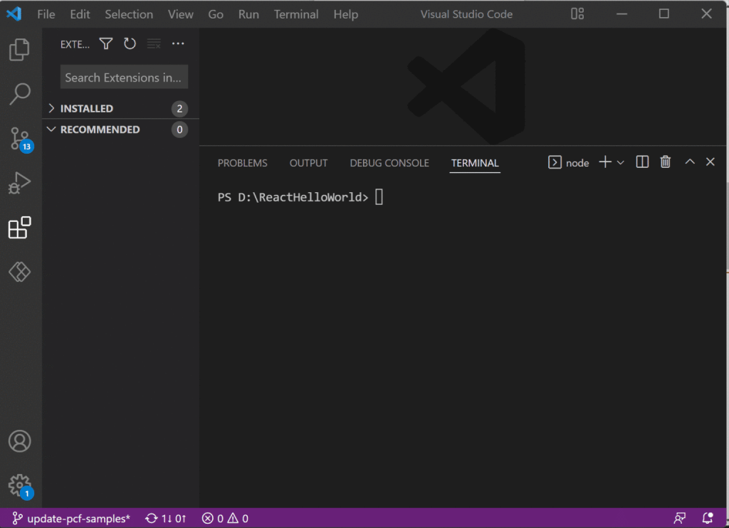 Visual Studio Code terminal window showing command prompt for React development.