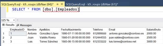 Query result showing unmasked employee data before applying user-specific masking rules.