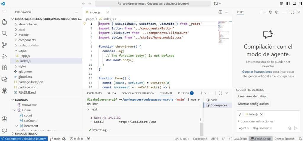 Vista de GitHub Codespaces con código JavaScript, integración de IA y terminal