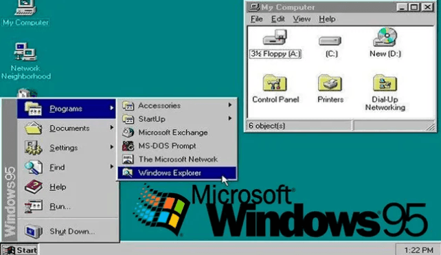 Screenshot of Windows 95 desktop and Start menu, illustrating the transition from MS-DOS to graphical user interfaces in personal computing.