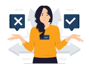 Illustration of a person weighing options with checkmark and cross icons, symbolizing decision-making in authentication strategies.