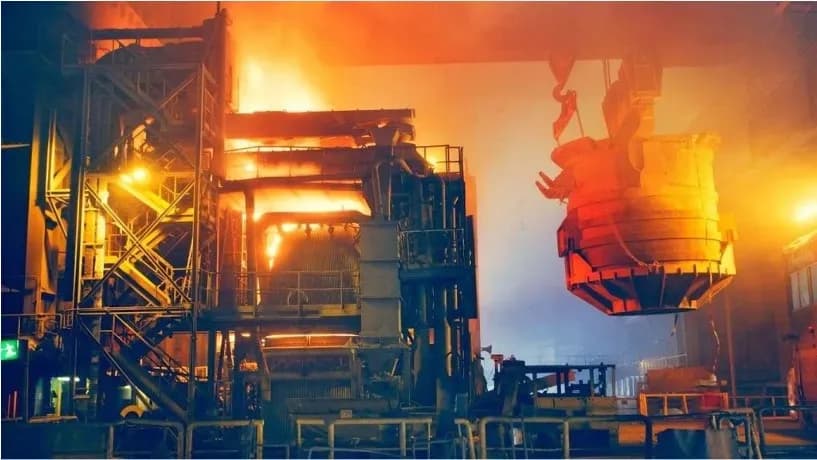 Interior of a steel production facility with molten metal, industrial crane, and high-temperature lighting.