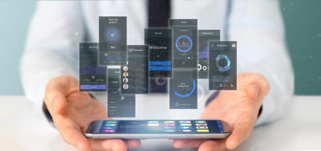 Smartphone held by two hands with floating mobile app interfaces showing stats, objectives, and activity tracking, representing app functionality in static web apps.