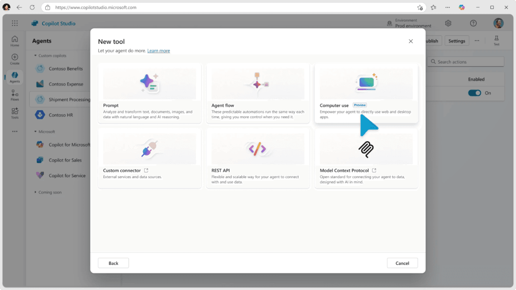 Copilot Studio interface showing New tool window with options like Prompt, Agent flow, Computer use, Custom connector, REST API, and Model Context Protocol.