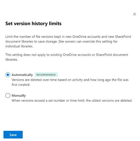 SharePoint admin center settings page for configuring version history limits in OneDrive and SharePoint document libraries, showing automatic and manual options.