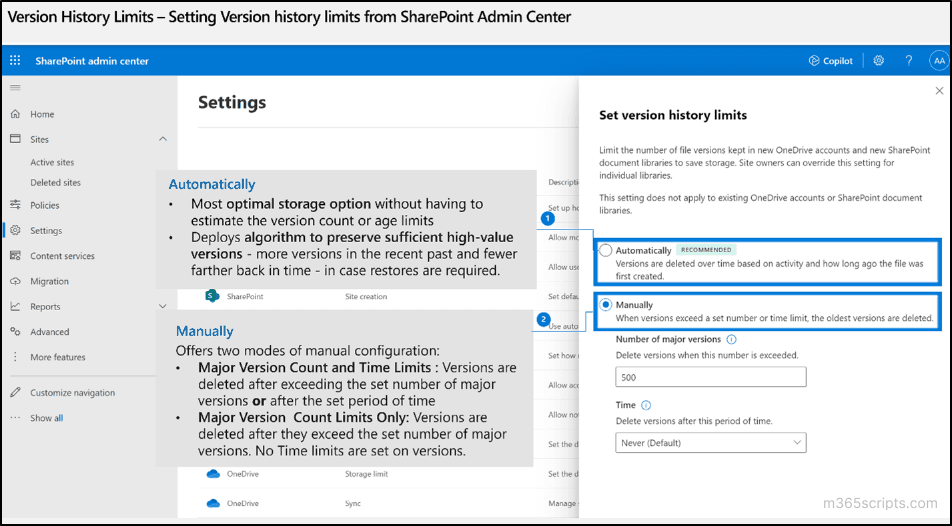 SharePoint Admin Center – Settings screen for configuring version history limits in OneDrive and SharePoint document libraries, showing automatic and manual deletion options.