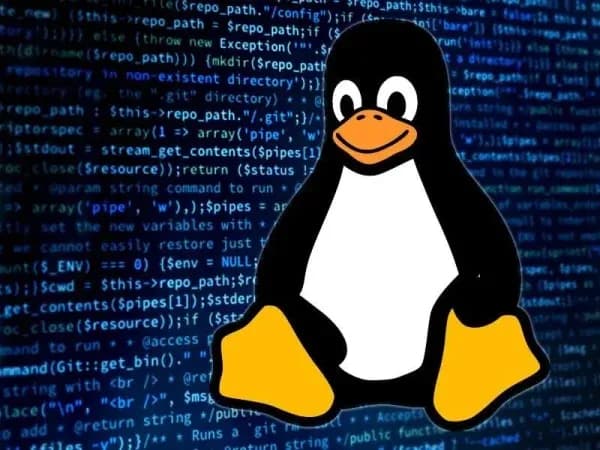 Tux, the Linux mascot, on a blue background with binary code, representing open-source development and system-level programming.