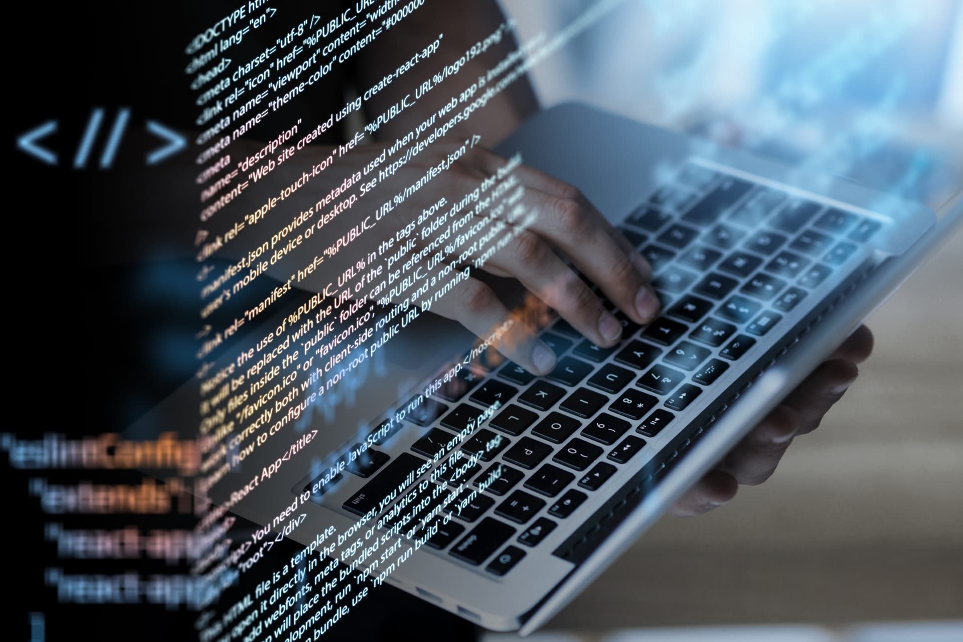Close-up of hands typing on a laptop with superimposed HTML and JavaScript code, representing automated software testing and development.