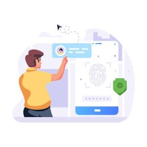 Illustration of a user interacting with a digital interface showing a fingerprint and security shield, representing web authentication.