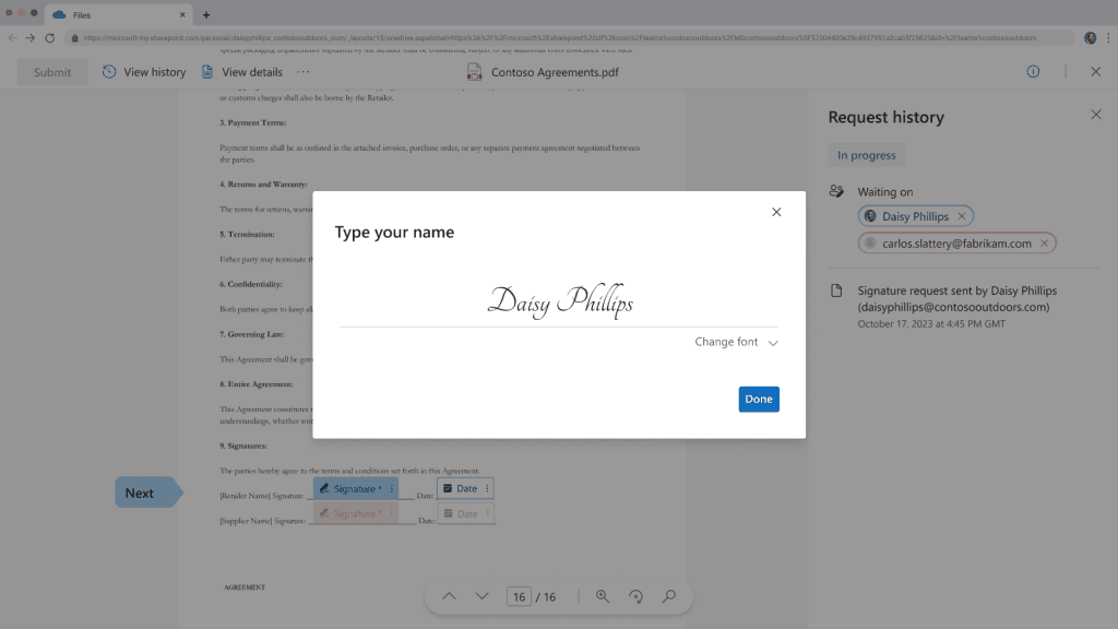 Digital signature interface showing typed name ‘Daisy Phillips’ in cursive font with option to change font and Done button.