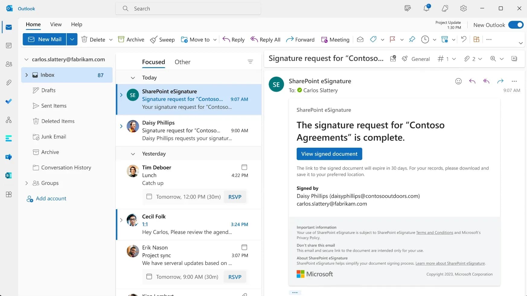 Outlook interface showing a completed SharePoint eSignature request for Contoso Agreements