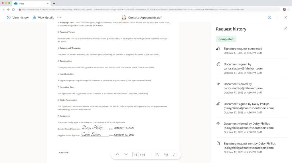 Completed PDF document titled Contoso Agreements with signatures from Daisy Phillips and Carlos Slattery, including request history.