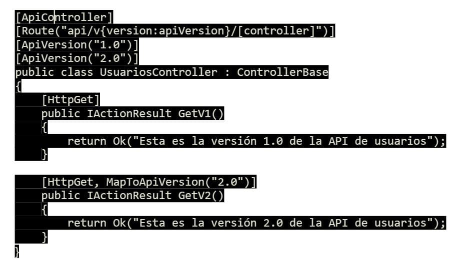Code snippet of a .NET API controller using route-based versioning with attributes for versions 1.0 and 2.0.