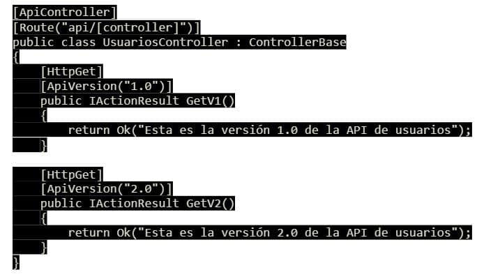 Alternative .NET API controller using method-level versioning with attributes for versions 1.0 and 2.0.